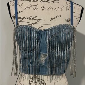 Denim and Silver Embellished Women's Top